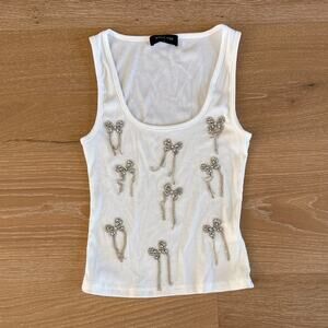 White Fox Rib Tank Top Sweet Angel Bow Size S in White